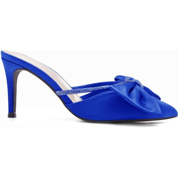 Blue Satin Bow Heels Womens Pointed Rhinestone Closed Toe Sandals Wedding Shoes - Picture 5 of 6